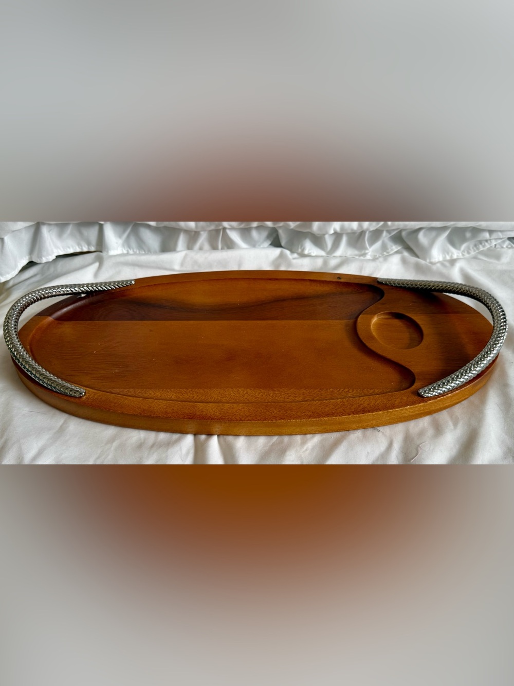 Vintage Nambé Sean O’Hara Acacia Wood Braided Chrome Handles 18” Serving Tray